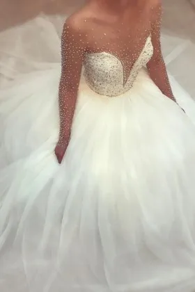 beaded bodice sheer long sleeve tulle wedding ball gown