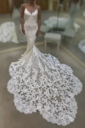 Spaghetti Strap Intricate Lace Long Train Wedding Dress