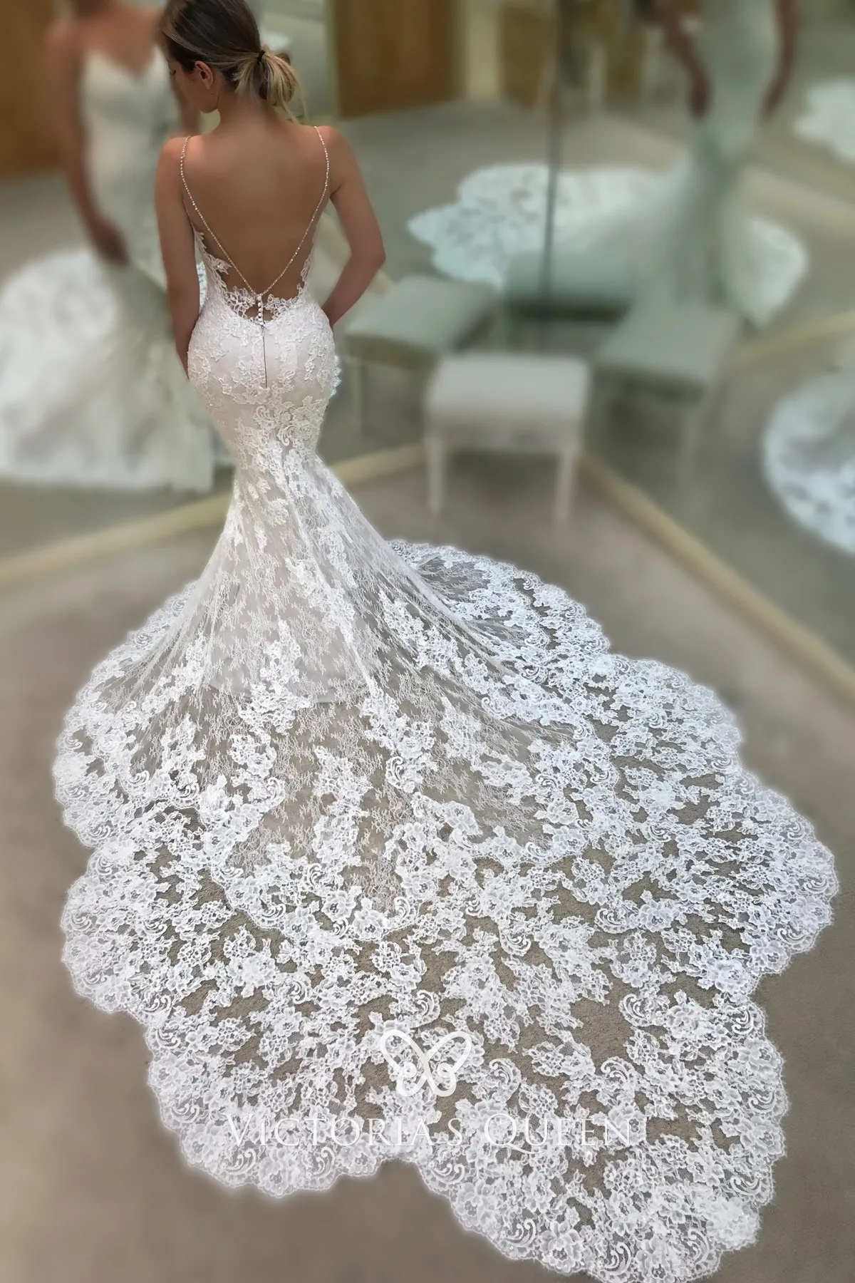 Spaghetti Strap Intricate Lace Long Train Wedding Dress - VQ