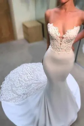 strapless lace and satin body hugging long wedding gown