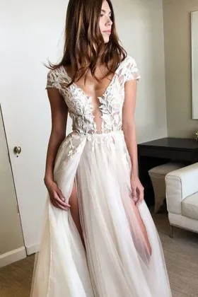 Sexy plunging neckline two high slits wedding dress