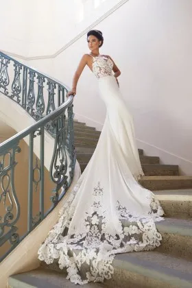 sheer lace satin mermaid chapel train sexy wedding dress
