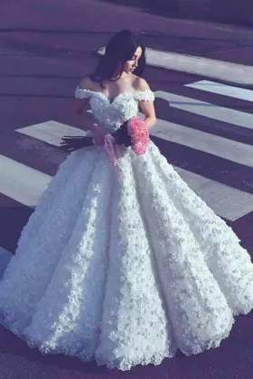 Flowers Appliqued Off the shoulder Princess Wedding Ball Gown