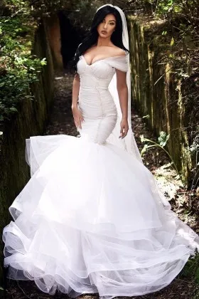 Off shoulder Beaded Bodice Puffy Trumpet Wedding Gown