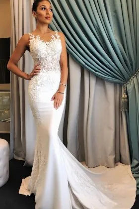 Feminine Illusion Lace Satin Mermaid Wedding Dress