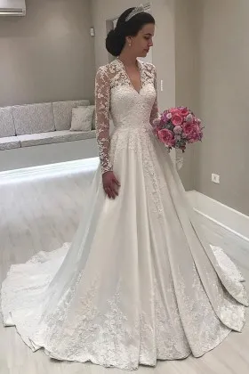 illusion long sleeves lace satin modest wedding dress