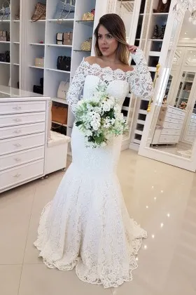 off shoulder sleeved scalloped lace mermaid bridal gown