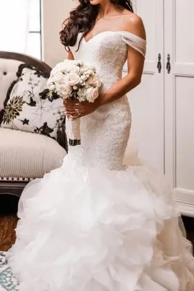 off shoulder lace ruffled organza stylish wedding dress