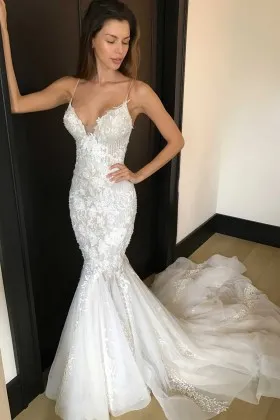 floral lace tulle V neck mermaid dream wedding dress