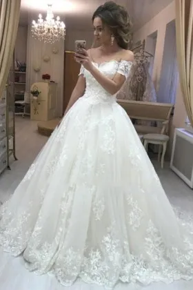 off shoulder short sleeves lace ball gown wedding dress