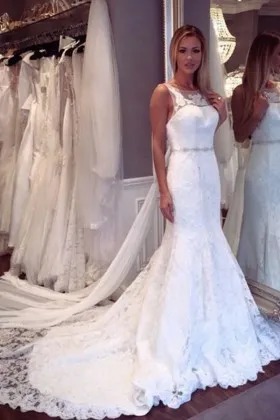 illusion neck sleeveless white lace mermaid bridal gown