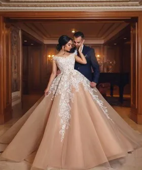 nude tulle satin with lace appliques wedding ballgown