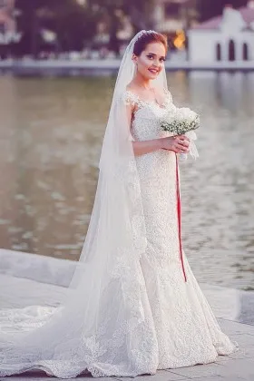 red ribbon ivory lace mermaid elegant outdoor wedding dress