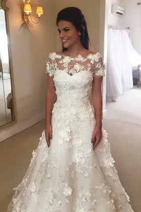 fully 3D flowers lace embellished unique A line long wedding dress