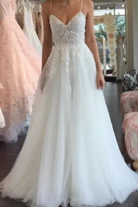floral lace tulle spaghetti straps simple bridal dress