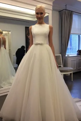 boat neck sleeveless satin tulle simple wedding dress