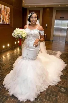 cold shoulder lace satin ruffled tulle wedding dress