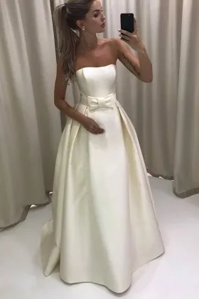 strapless ivory satin simple yet cute long wedding gown