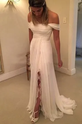 off shoulder ruched chiffon summer slit bridal dress