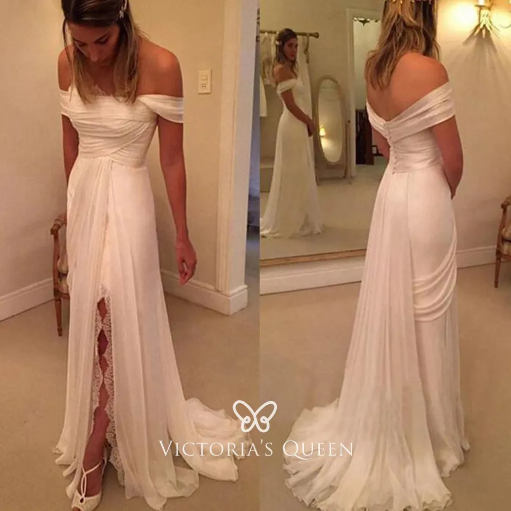 off the shoulder ruched draped high slit chiffon bridal dress with sweep train off the shoulder ruched draped high slit chiffon bridal dress with sweep train
