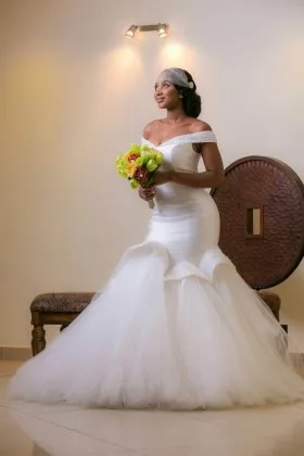 beaded off shoulder satin tulle fashion wedding dress