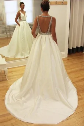 beaded open back chapel train satin wedding ball gown