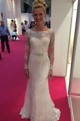beaded lace illusion long sleeve sheath wedding dress