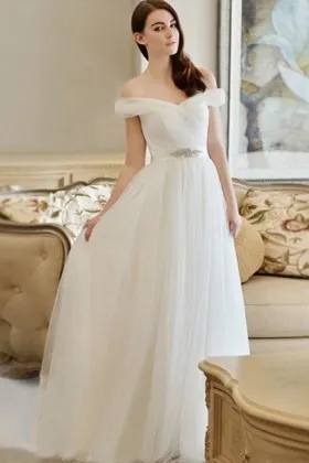 off shoulder tulle floor length sweet wedding dress