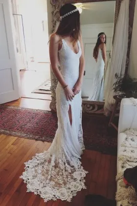 deep V neck double high slits lace sexy wedding dress
