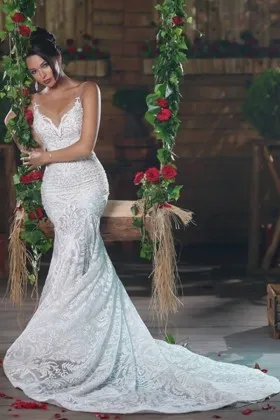 V neck intricate lace mermaid chapel train wedding gown