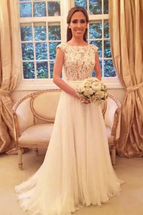 jewel neck cap sleeve illusion lace tulle wedding dress