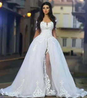 off the shoulder unique lace high slit wedding gown