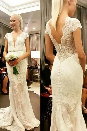 scalloped lace cap sleeve sheer mermaid vintage wedding dress