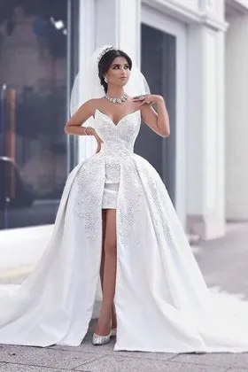 strapless V neck lace satin high slit unique wedding ball gown