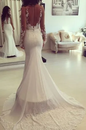 Illusion Lace Low Back Satin Chiffon Wedding Dress