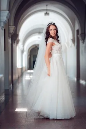 illusion neck cap sleeve lace organza slit wedding gown
