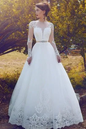 illusion long sleeves lace tulle fall wedding dress