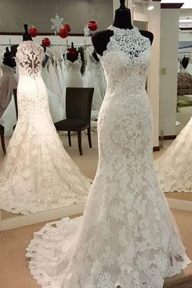 Illusion Crew Neck Lace Mermaid Traditional Bridal Gown