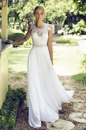 Delicate Lace Chiffon Exotic A line long Wedding Dress
