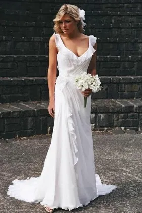 Ruffled V Neck White Chiffon Informal long Wedding Gown