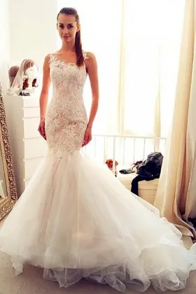 Jagged Lace Tulle Drop Waist Fancy Wedding Dress