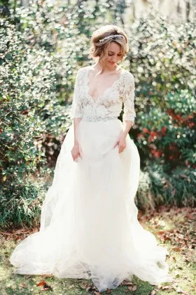 sheer lace tulle V neck 34 sleeves spring bridal dress