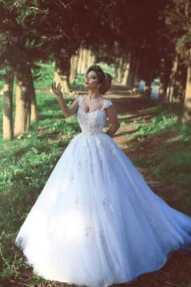 Beaded Lace Tulle Princess Cap Sleeve Wedding Gown