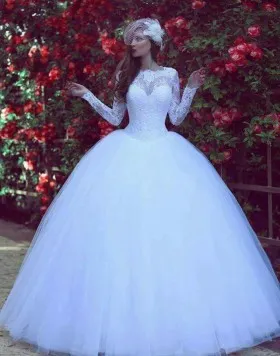 basque waist lace tulle long sleeves wedding ballgown
