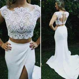 illusion lace satin two piece slit destination wedding dress