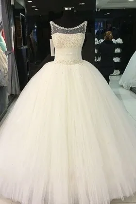 Pearls Illusion Neckline Corset Tulle Wedding Ball Gown