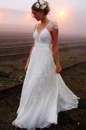 lace cap sleeve V neck A line long outdoor bridal dress