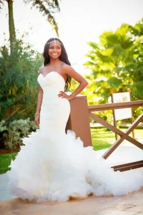 strapless ruffled organza trumpet outdoor wedding dress