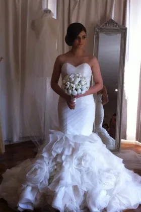 strapless pleated ruffled organza trumpet modern wedding dress
