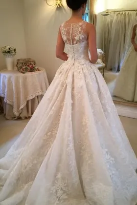 illusion back chapel train ivory lace wedding ball gown